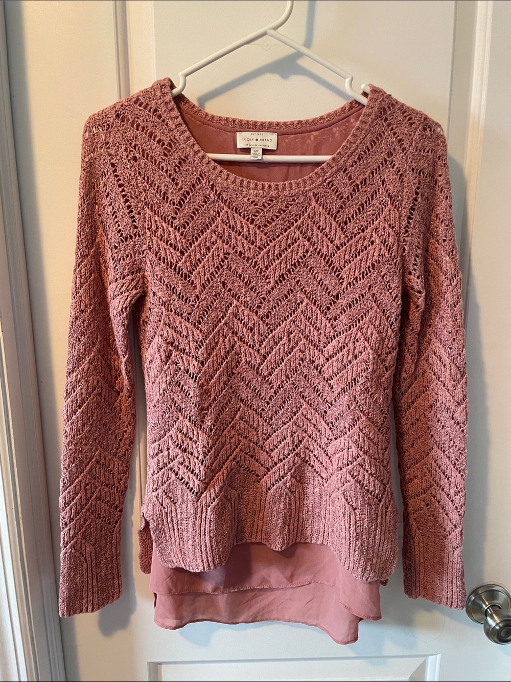 Lucky Brand Rose Pink Layered Knit Scoop Neck Sweater
